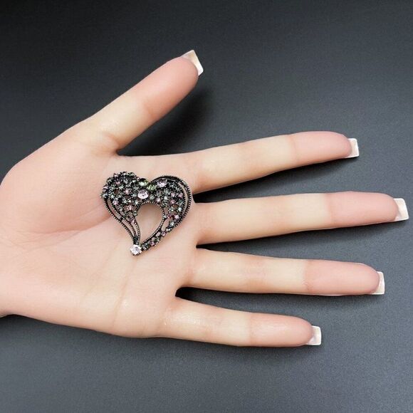 Gunmetal Gray with Pink Morganite and Olivine Crystal Heart Pin Back Brooch - Picture 8 of 8